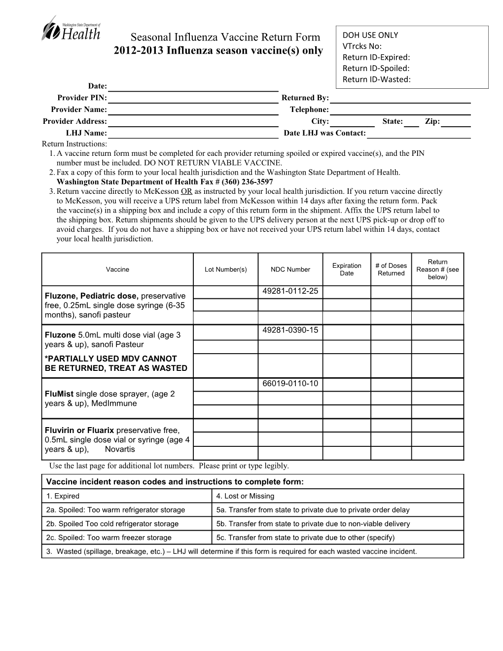 Seasonal Flu Vaccine Return Form