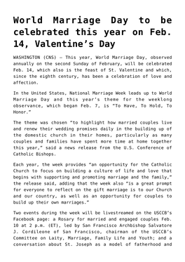 World Marriage Day to Be Celebrated This Year on Feb