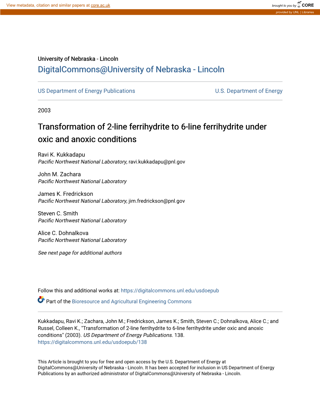 Transformation of 2-Line Ferrihydrite to 6-Line Ferrihydrite Under Oxic and Anoxic Conditions