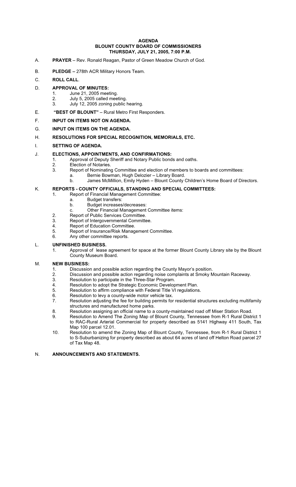 Agenda Blount County Board of Commissioners Thursday, July 21, 2005, 7:00 P.M