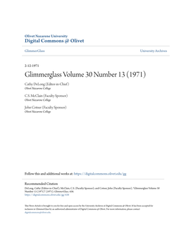 Glimmerglass Volume 30 Number 13 (1971) Cathy Delong (Editor-In-Chief) Olivet Nazarene College