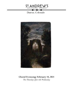 Choral Evensong: February 18, 2021 the Thursday After Ash Wednesday