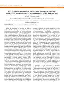 Nota Sobre La Historia Natural De Acineta (Orchidaceae) Y Su Abeja Polinizadora, Eufriesea Concava (Hymenoptera: Apidae), En Costa Rica Alfredo Cascante-Marín