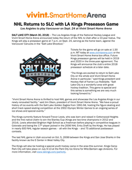 NHL Returns to SLC with LA Kings Preseason Game Los Angeles to Play Vancouver on Sept