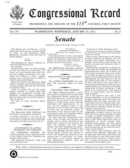 Congressional Record United States Th of America PROCEEDINGS and DEBATES of the 113 CONGRESS, FIRST SESSION