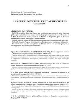 LANGUES UNIVERSELLES ET ARTIFICIELLES Juin-Août 2001