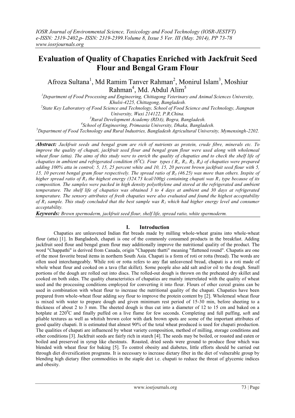 Evaluation of Quality of Chapaties Enriched with Jackfruit Seed Flour and Bengal Gram Flour