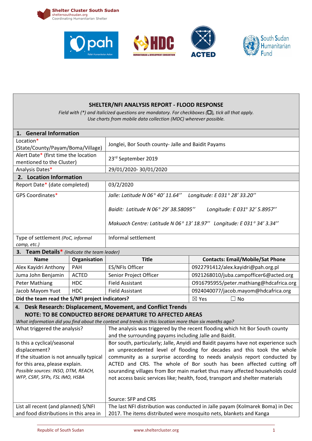 SHELTER/NFI ANALYSIS REPORT - FLOOD RESPONSE Field with (*) and Italicized Questions Are Mandatory