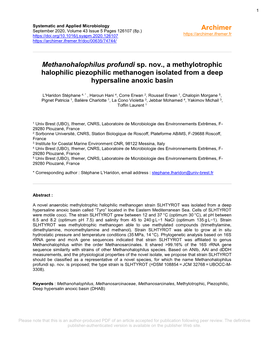 Methanohalophilus Profundi Sp. Nov., a Methylotrophic Halophilic Piezophilic Methanogen Isolated from a Deep Hypersaline Anoxic Basin