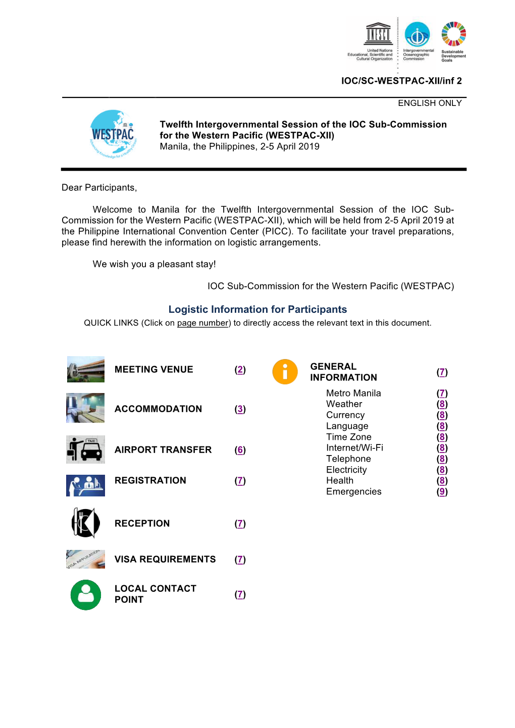 Logistic Information for Participants QUICK LINKS (Click on Page Number) to Directly Access the Relevant Text in This Document