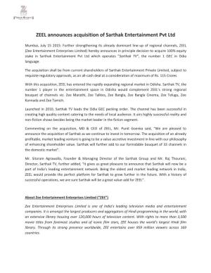 ZEEL Announces Acquisition of Sarthak Entertainment Pvt Ltd