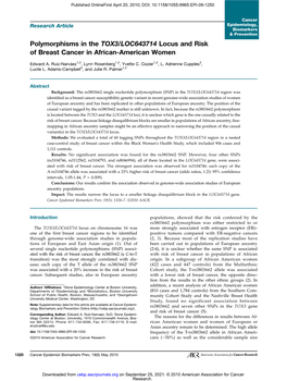 Polymorphisms in the TOX3/LOC643714 Locus and Risk of Breast Cancer in African-American Women