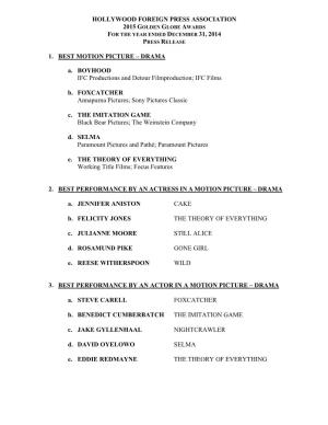 2015 GG Awards Nominations Press Release