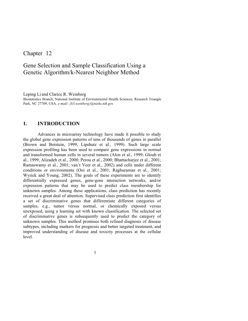 Chapter 12 Gene Selection and Sample Classification Using a Genetic Algorithm/K-Nearest Neighbor Method