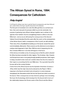 The African Synod in Rome, 1994: Consequences for Catholicism