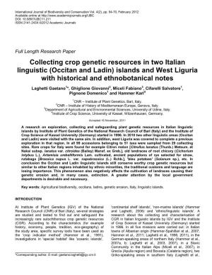 (Occitan and Ladin) Islands and West Liguria with Historical and Ethnobotanical Notes