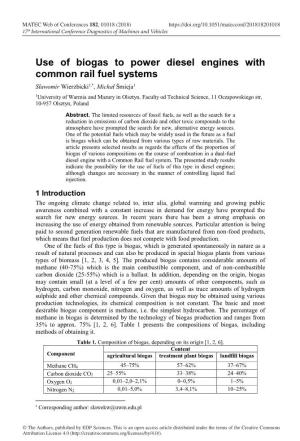 Use of Biogas to Power Diesel Engines with Common Rail Fuel Systems