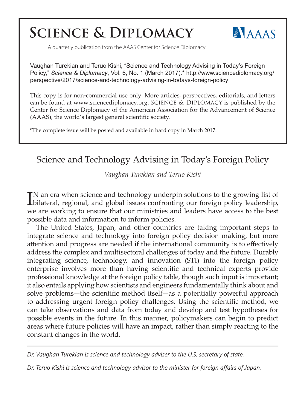 Science and Technology Advising in Today's Foreign Policy