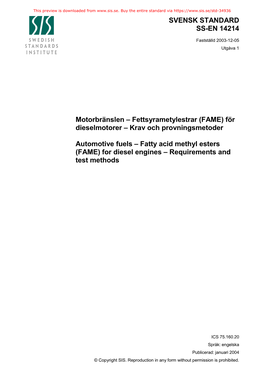 SVENSK STANDARD SS-EN 14214 Motorbränslen – Fettsyrametylestrar