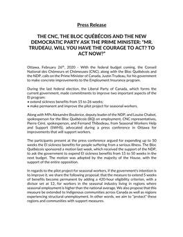Press Release the CNC, the BLOC QUÉBÉCOIS and the NEW DEMOCRATIC PARTY ASK the PRIME MINISTER: “MR. TRUDEAU, WILL YOU HAVE
