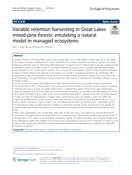 Variable Retention Harvesting in Great Lakes Mixed-Pine Forests: Emulating a Natural Model in Managed Ecosystems Brian J