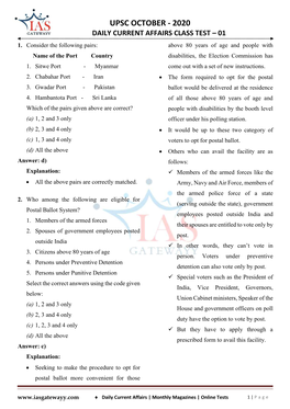 Upsc October - 2020 Daily Current Affairs Class Test – 01 1