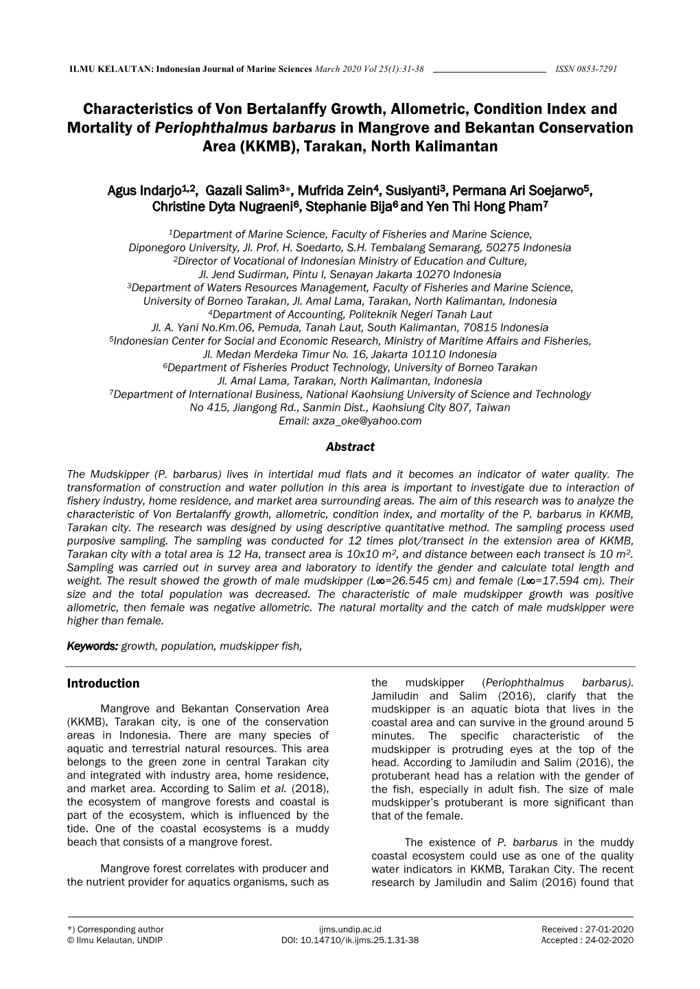 Characteristics of Von Bertalanffy Growth, Allometric, Condition Index