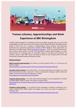 Trainee Schemes, Apprenticeships and Work Experience at BBC Birmingham