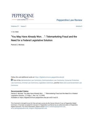 Telemarketing Fraud and the Need for a Federal Legislative Solution