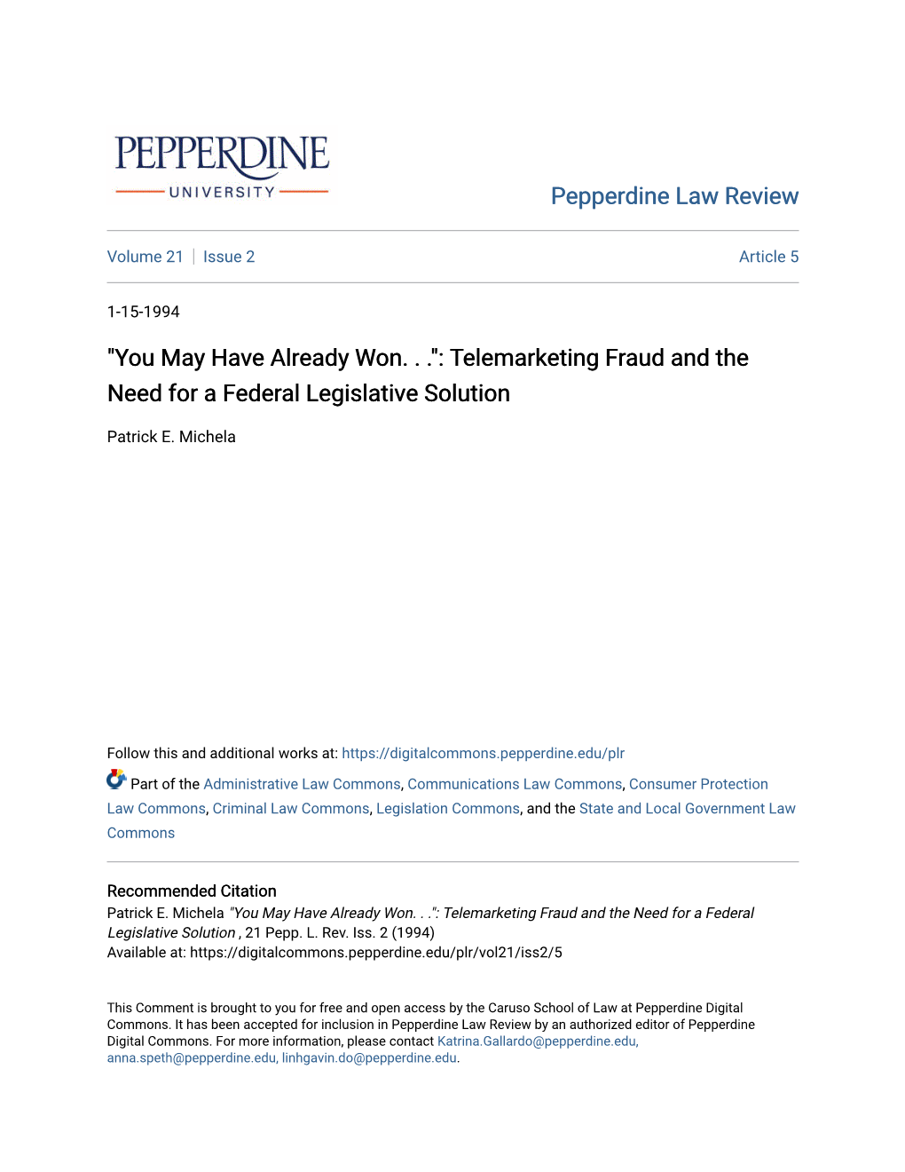 Telemarketing Fraud and the Need for a Federal Legislative Solution