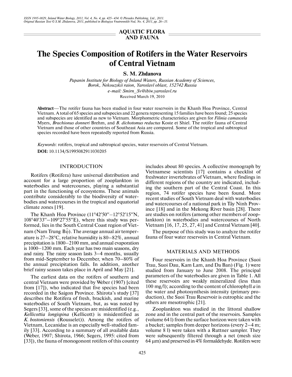 The Species Composition of Rotifers in the Water Reservoirs of Central Vietnam S