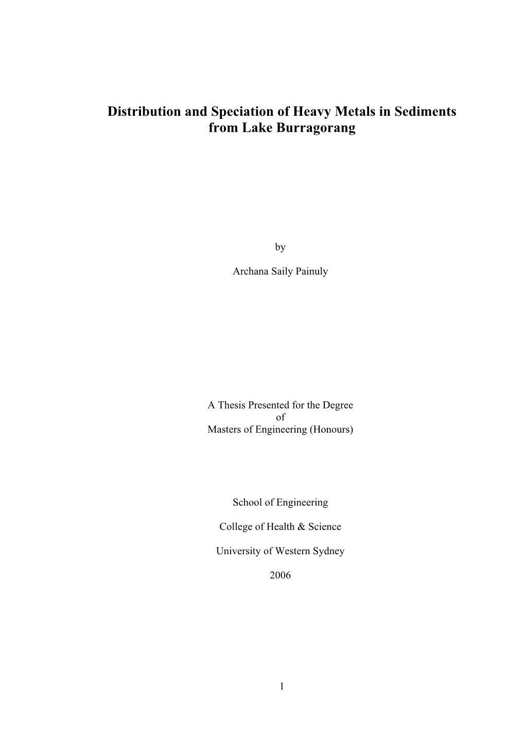 Distribution and Speciation of Heavy Metals in Sediments from Lake Burragorang