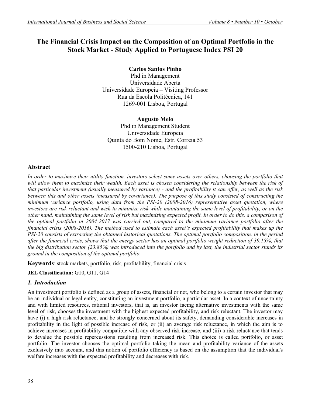 The Financial Crisis Impact on the Composition of an Optimal Portfolio in the Stock Market - Study Applied to Portuguese Index PSI 20