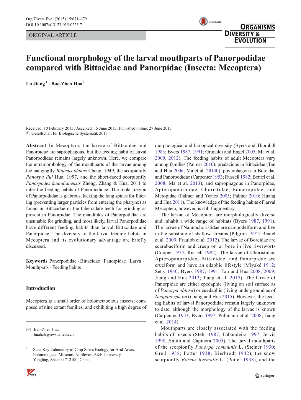 Functional Morphology of the Larval Mouthparts of Panorpodidae Compared with Bittacidae and Panorpidae (Insecta: Mecoptera)