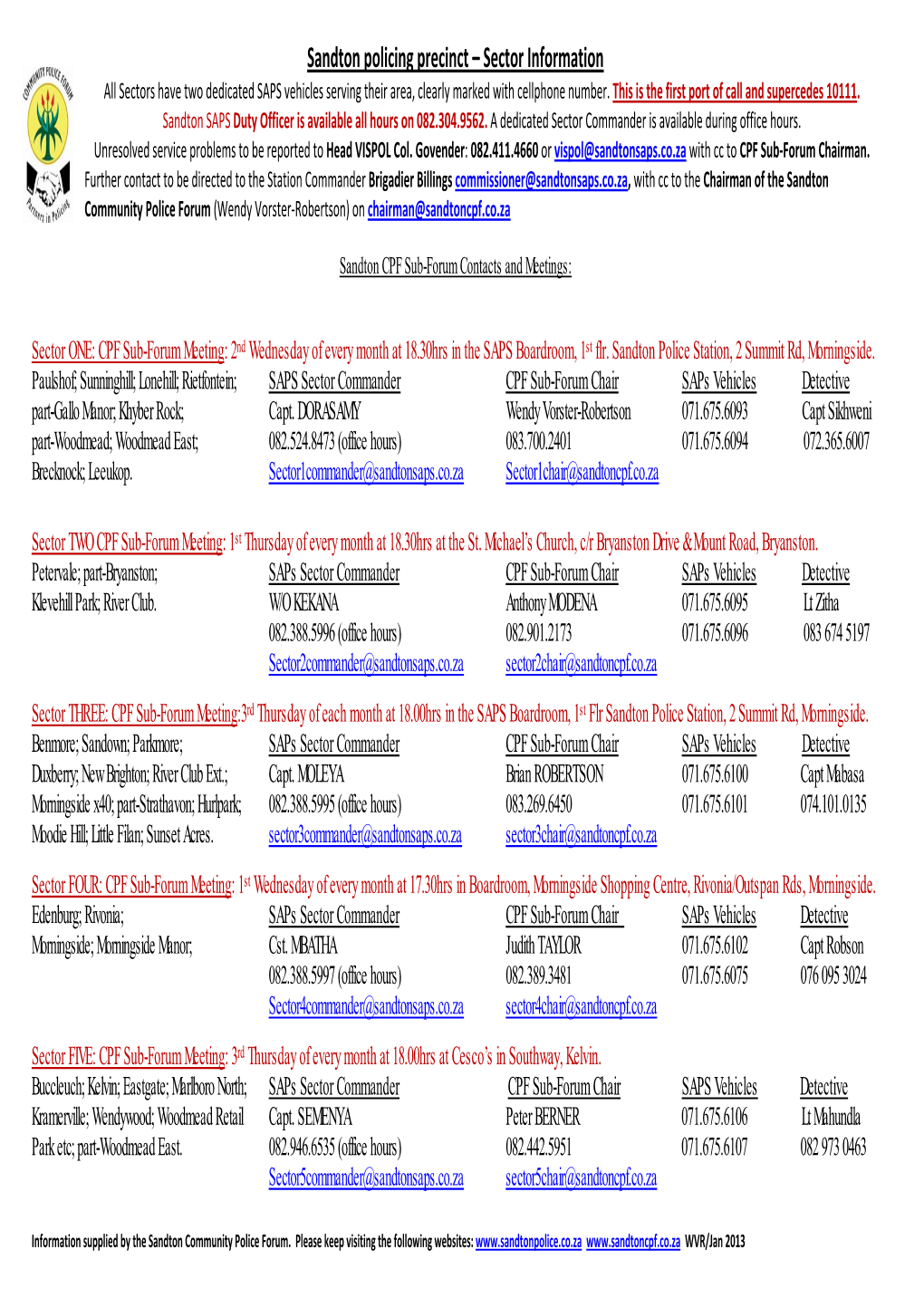 Sandton Policing Precinct – Sector Information All Sectors Have Two Dedicated SAPS Vehicles Serving Their Area, Clearly Marked with Cellphone Number