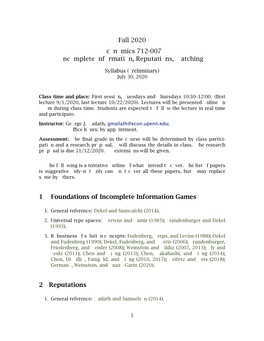 Fall 2020 Economics 712-007 Incomplete Information, Reputations, Matching