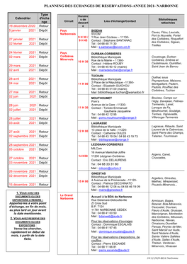 Planning Des Echanges De Reservations-Annee 2021- Narbonne