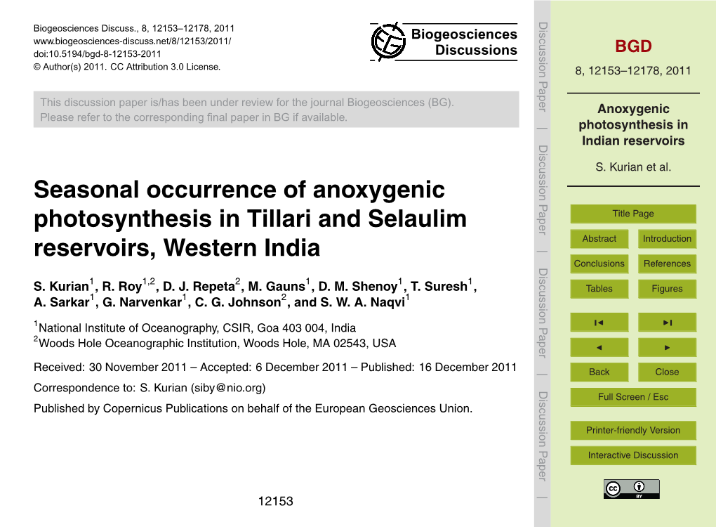 Anoxygenic Photosynthesis in Indian Reservoirs