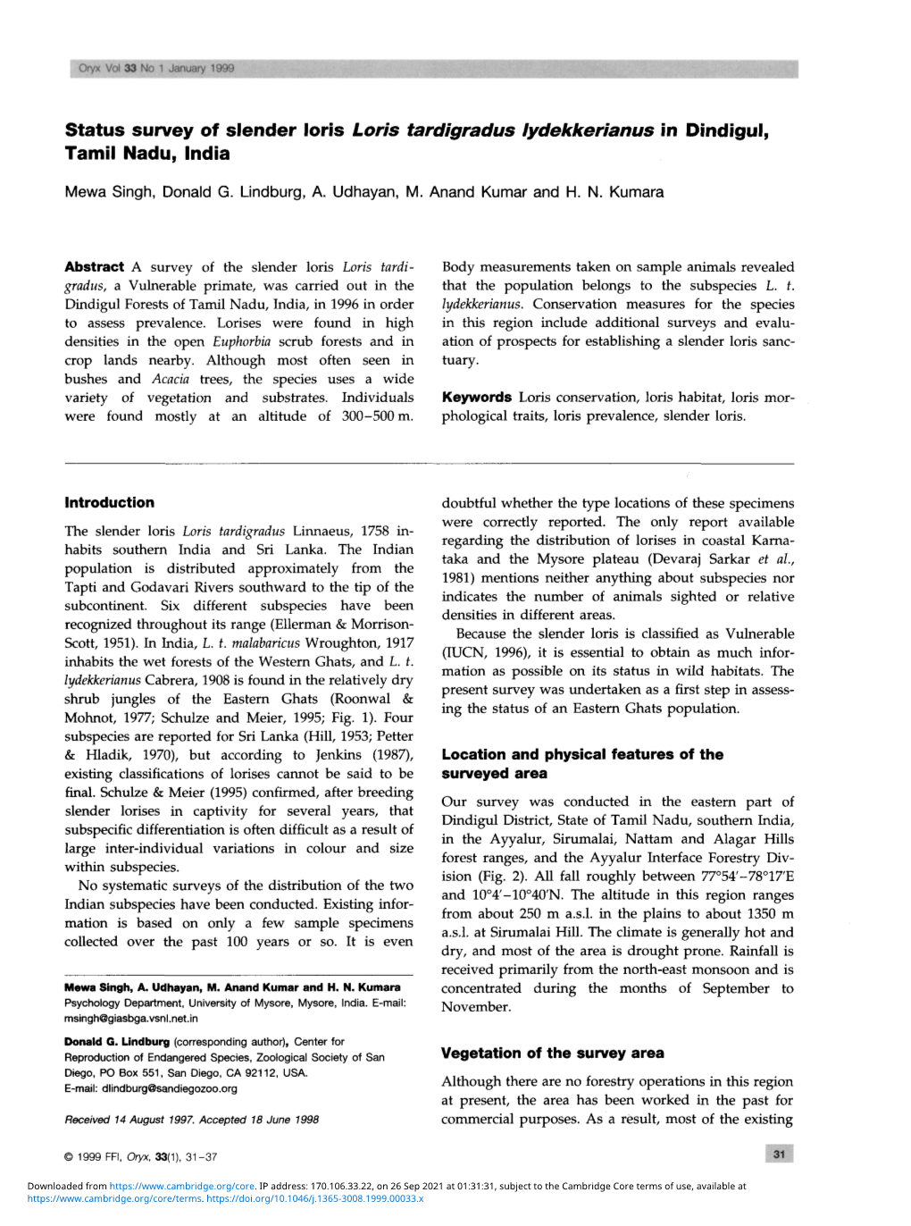 Status Survey of Slender Loris Loris Tardigradus Lydekkerianus in Dindigul, Tamil Nadu, India