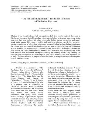 The Italianate Englishman:‖ the Italian Influence in Elizabethan Literature