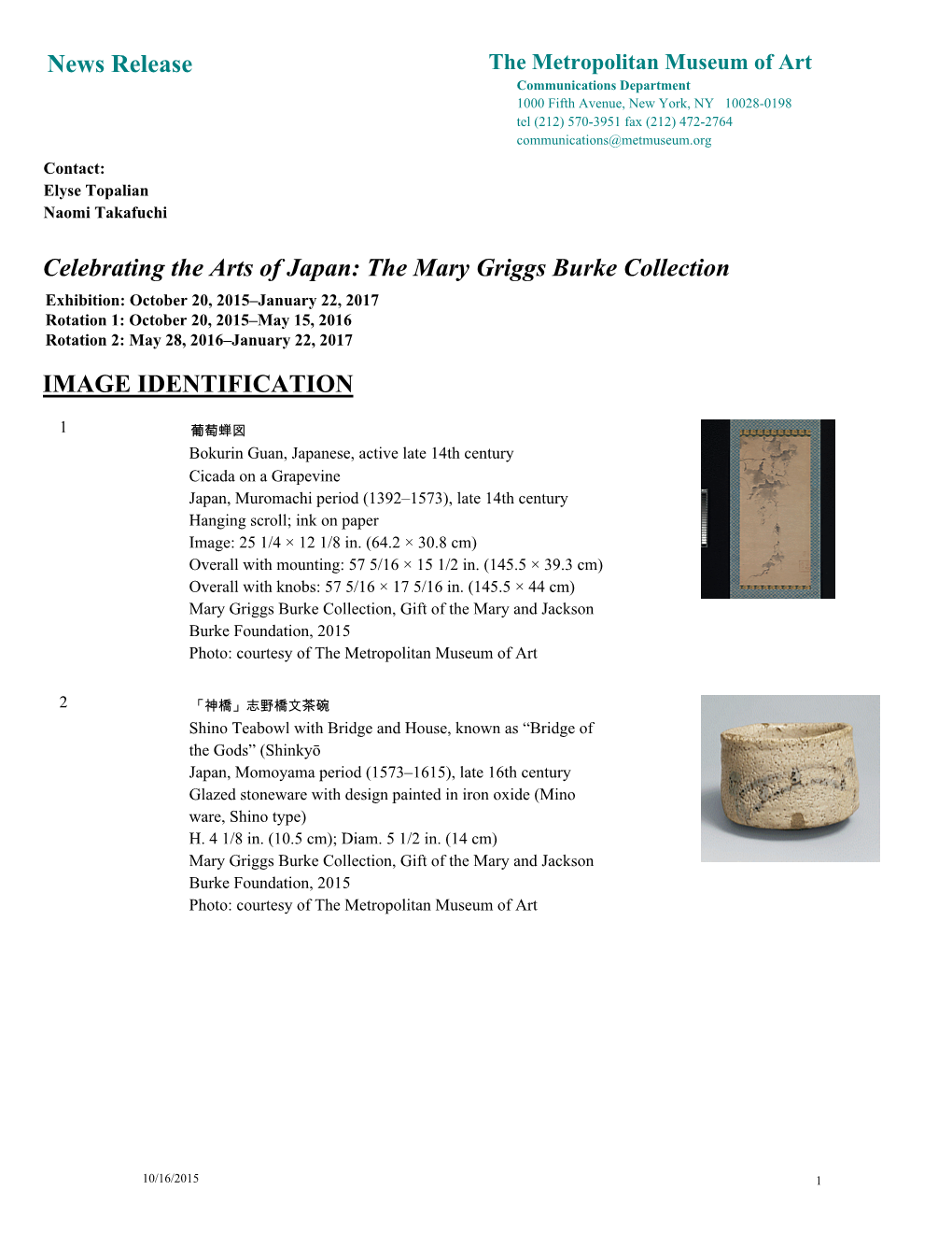 The Mary Griggs Burke Collection IMAGE IDENTIFICATION