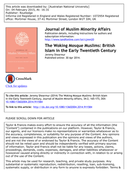 The Woking Mosque Muslims: British Islam in the Early Twentieth Century Jeremy Shearmur Published Online: 30 Apr 2014