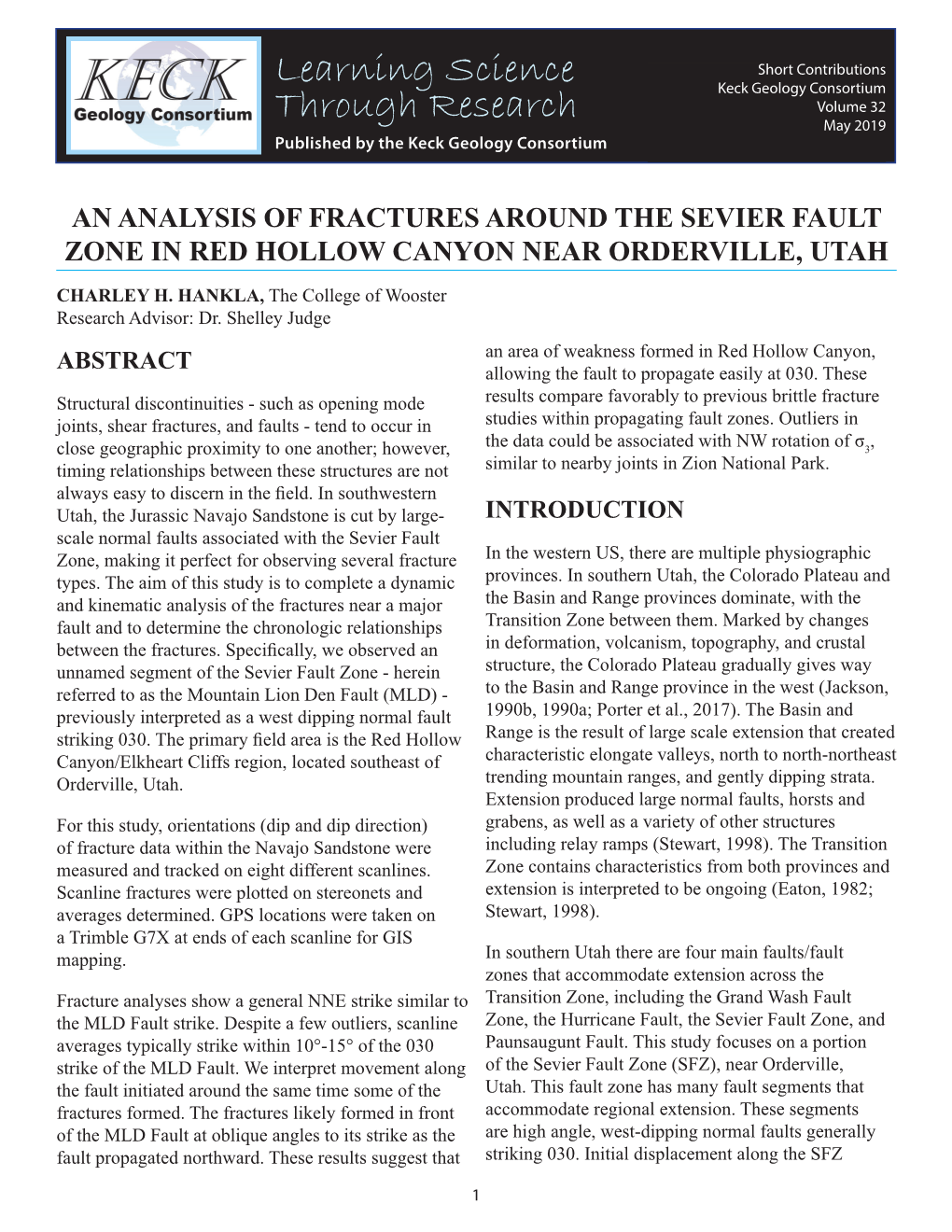 An Analysis of Fractures Around the Sevier Fault Zone in Red Hollow Canyon Near Orderville, Utah