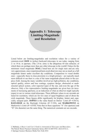 Appendix 1: Telescope Limiting-Magnitude and Resolution