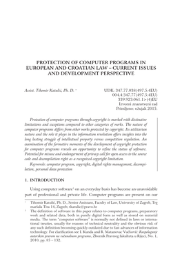 Protection of Computer Programs in European and Croatian Law – Current Issues and Development Perspective