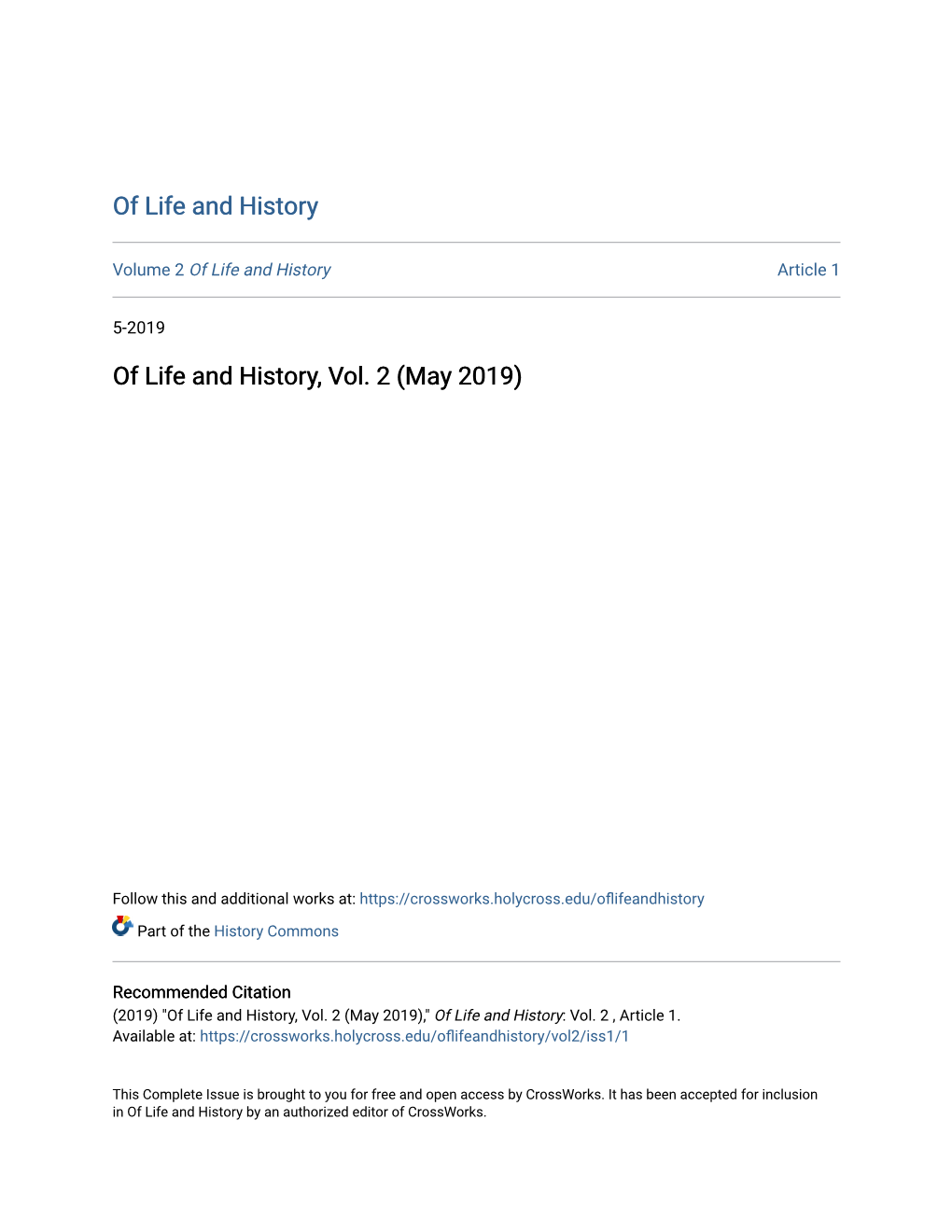 Of Life and History, Vol. 2 (May 2019)