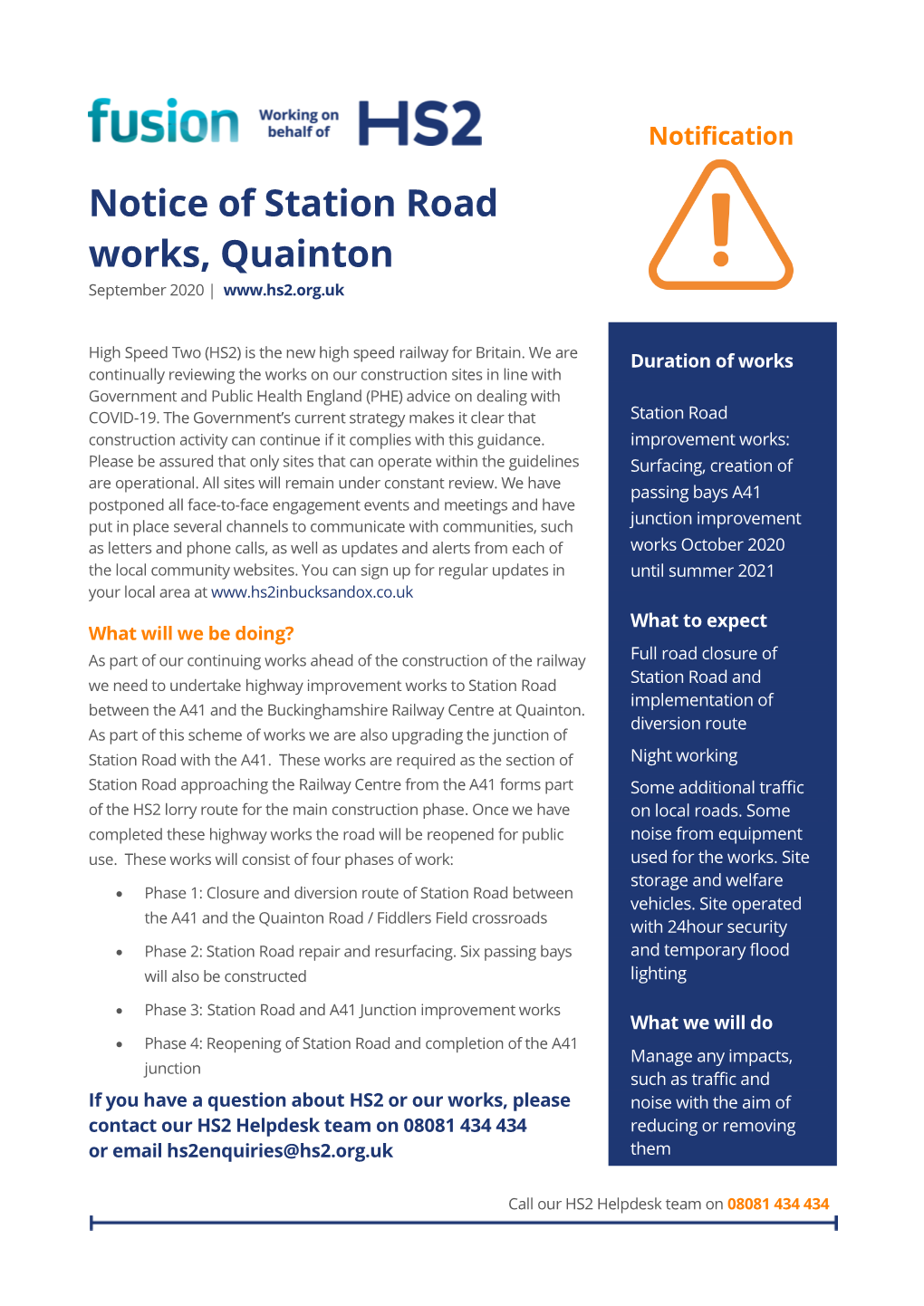 Notice of Station Road Works, Quainton September 2020 |