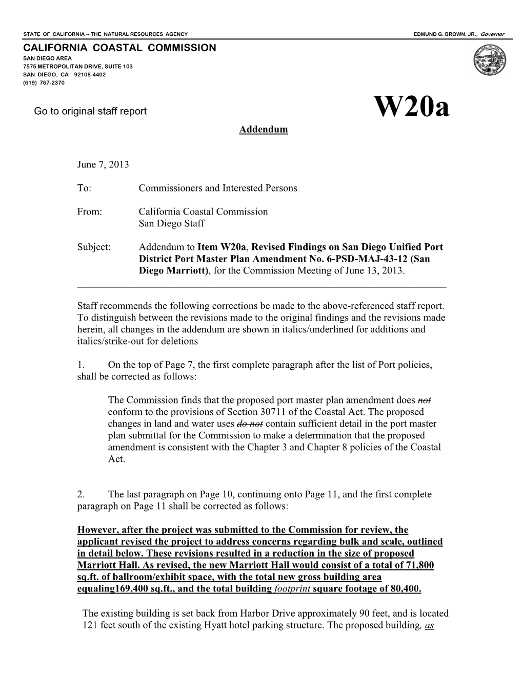 California Coastal Commission Staff Report and Recommendation Regarding San Diego Unified Port District Port Master Plan Amendme