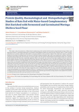 Protein Quality, Haematological and Histopathological Studies of Rats Fed with Maize-Based Complementary Diet Enriched with Ferm