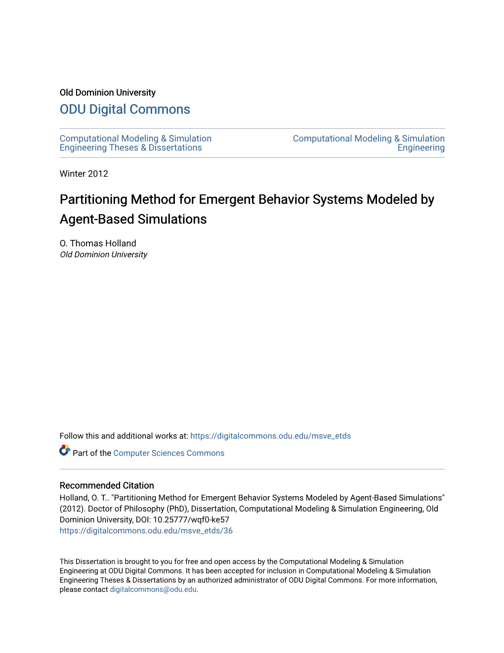 Partitioning Method for Emergent Behavior Systems Modeled by Agent-Based Simulations